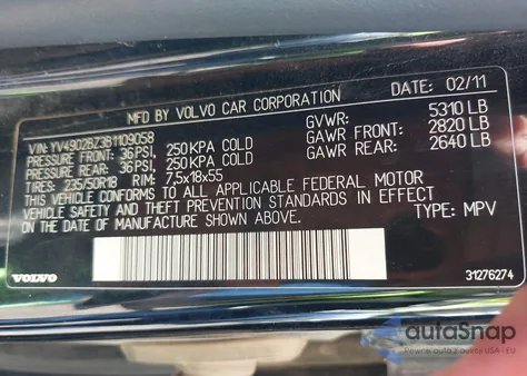 2011 Volvo Xc70 T6 from USA, damaged, VIN YV4902BZ3B1109058